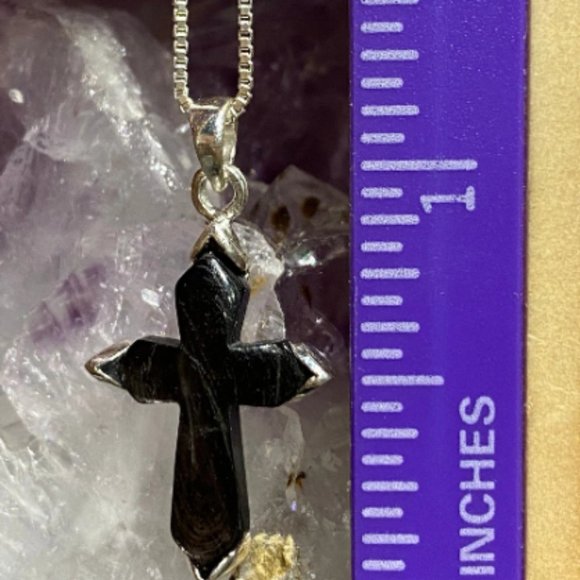 Hypersthene Sterling Silver Cross with Sterling Silver Chain, Cross Pendant - Picture 4 of 4